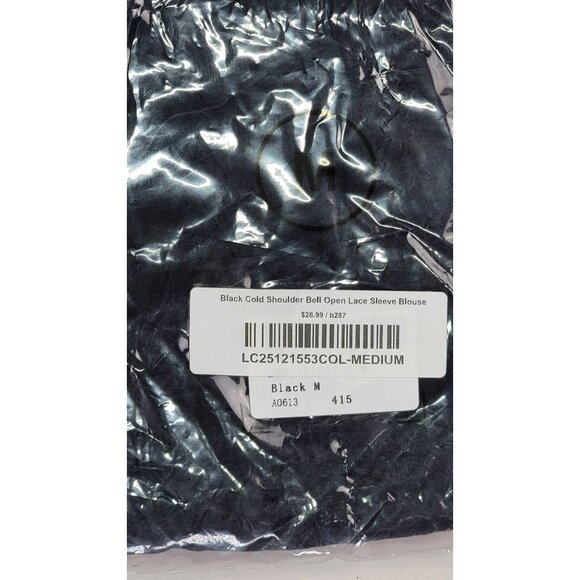 Blouse Black Cold Shoulder Bell Open Lace Sleeve Womens Med New in Bag - Picture 5 of 7